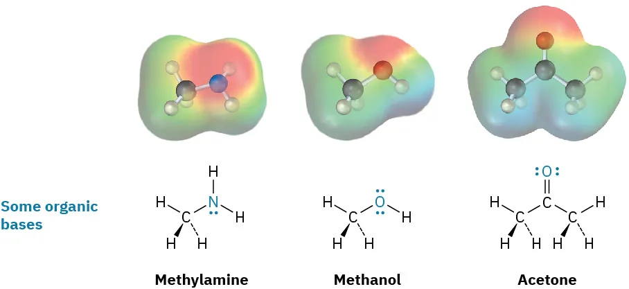 Electrostatic potential maps and molecular structures of methylamine, methanol, and acetone.