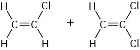 Structures of vinyl chloride and vinylidene chloride (C H 2 C Cl 2) separated by a plus sign.