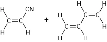 Structures of acrylonitrile (cyanoethene) and 1,3-butadiene separated by a plus sign.