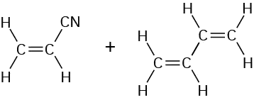 Structures of acrylonitrile (cyanoethene) and 1,3-butadiene separated by a plus sign.