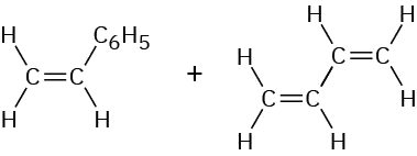 Structures of styrene (vinylbenzene) and 1,3-butadiene separated by a plus sign.