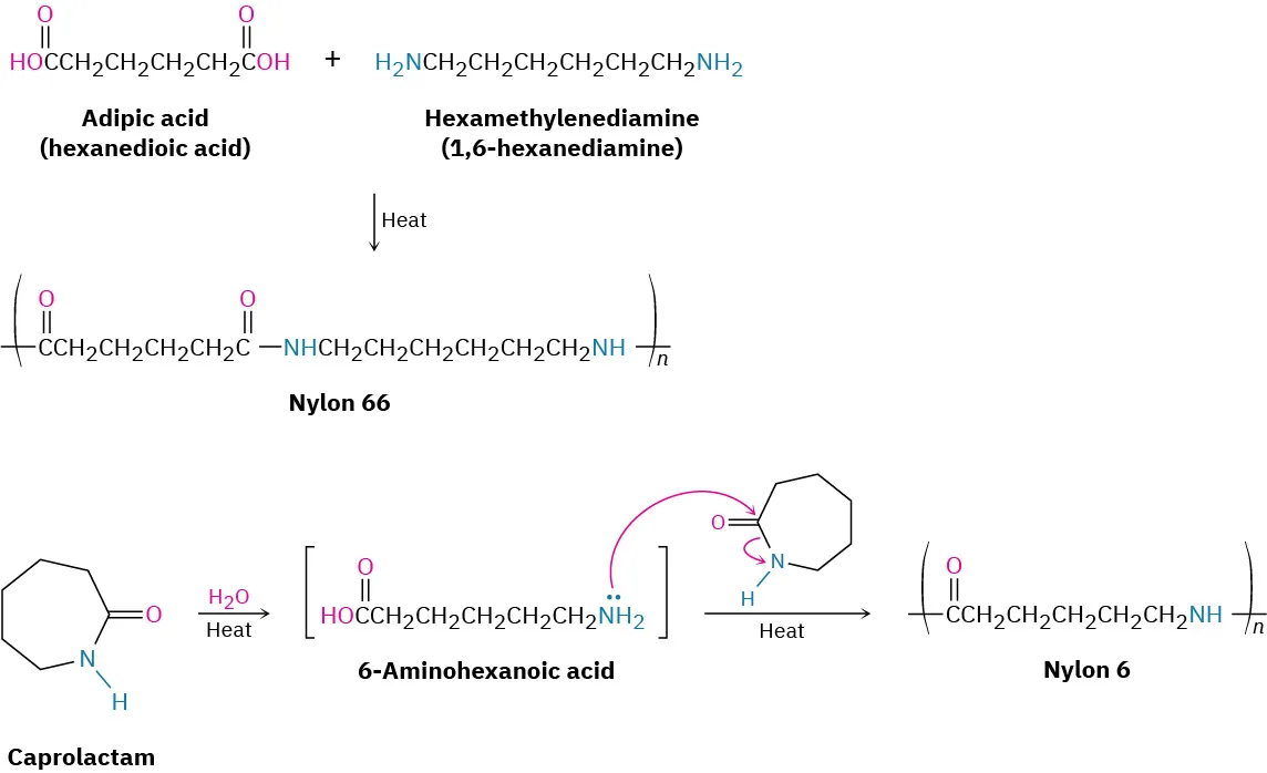 Adipic acid reacts with hexamethylenediamine and heat to give Nylon 66. Caprolactam reacts with water and heat to give 6-aminohexanoic acid that reacts with heat to form Nylon 6.