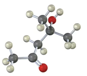 A ball and stick model of a five-membered chain connected to different groups. Carbon, hydrogen, and oxygen are shown as gray, white, and red spheres, respectively.