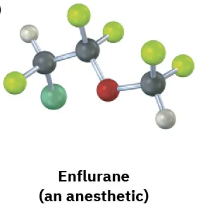 The ball-and-stick model of enflurane (an anesthetic) where gray, black, green, yellow-green, and red spheres represent hydrogen, carbon, chlorine, fluorine, and oxygen, respectively.