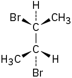 In a 2-carbon chain, C1 is wedge bonded to the bromine atom and methyl group. C2 is dash bonded to bromine, wedge bonded to a methyl group, and hydrogen atom.