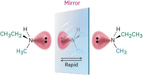 The figure shows ethylmethylamine with its mirror image. The mirror shows reversible arrows labeled rapid.