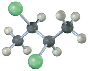 The ball-and-stick model has a 4-carbon chain. C2 and C3 are each bonded to a chlorine atom where green spheres represent chlorine atoms.