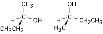 A carbon is single-bonded to methyl (top),hydroxyl (right), wedge bonded to ethyl (front), and dash bonded to hydrogen (left). The second structure, the positions of substituents are different.