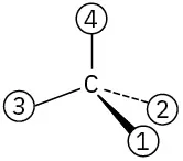A carbon is single-bonded to substituents 4 (top) and 2 (right), wedge bonded to 1 (front), and dash bonded to 2 (left).
