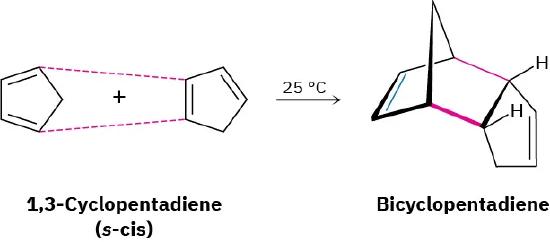 Two molecules of 1,3-cyclopentadiene joined by dash lines (s-cis)  form bicyclopentadiene as the product at 25 degrees Celsius.