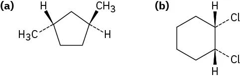 A chemical structure of cyclopentane with hydrogen (wedge) and methyl (dash) on C 1, and methyl (wedge) and hydrogen (dash) on C 3.