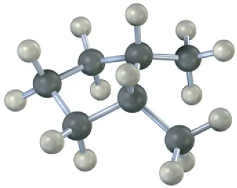 The ball and stick model of cis-1,2-dimethylcyclopentane,in which C1 and C2 are bonded to methyl groups. Black and gray spheres represent carbon and hydrogen, respectively.