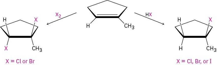 Two reactions of an alkene. Alkene and HX give a halogenated product (X is Cl, Br, or I). Alkene and X2 give a dihalogenated product (X is Cl or Br).