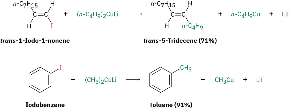 Trans-1-iodo-1-nonene reacts with lithium dibutylcopper to form trans-5-tridecene (71%), n-butylcopper, and LiI. Iodobenzene reacts with lithium dimethylcopper to form toluene (91%), methyl copper, and LiI.