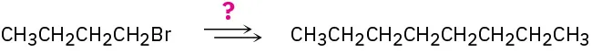 1-bromobutane reacts with an unknown reactant represented by a question mark to form octane.