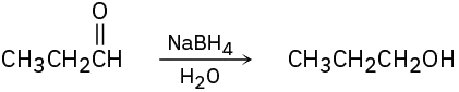 Propanal and sodium borohydride react in the presence of water to give 1-propanol.