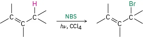 The bromination reaction of alkene in the presence of N-bromosuccinimide, light, and carbon tetrachloride produces an allyl bromide through replacement of an allylic hydrogen.