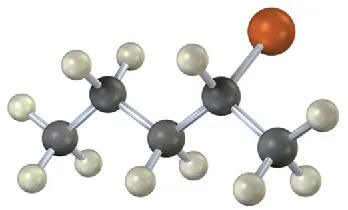 The ball and stick model of an alkyl bromide that comprises a five-carbon chain joined by single bonds. Black, gray, and red spheres represent carbon, hydrogen, and bromine, respectively.