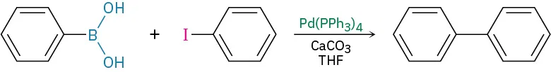 The reaction between phenylboronic acid and iodobenzene in the presence of Pd (P Ph 3) 4, calcium carbonate, and tetrahydrofuran forms biphenyl.