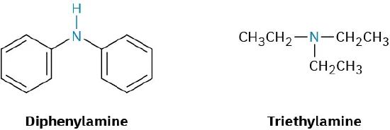 The structures of diphenylamine and triethylamine. Diphenylamine has two benzene rings linked to an N H group. Triethylamine has a nitrogen atom linked to three ethyl groups.