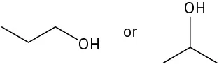 The structures of propan-1-ol and propan-2-ol, separated by or.