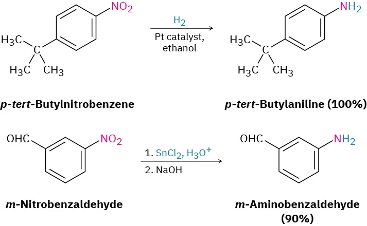 p-tert-Butylnitrobenzene reacts with hydrogen, platinum catalyst, and ethanol to form p-tert-butylaniline (100%). Meta-nitrobenzaldehyde reacts with tin(2) chloride and hydronium ion, then sodium hydroxide to form m-aminobenzaldehyde (90%).