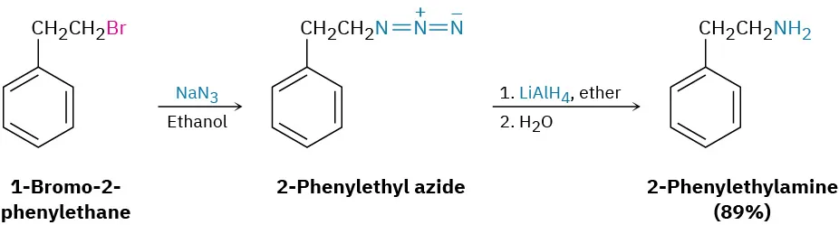 1-Bromo-2-phenylethane reacts with sodium azide and ethanol to form 2-phenylethyl azide. This reacts with lithium aluminum hydride in ether, then water to form 2-phenylethylamine with 89 percent yield.