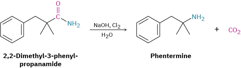 2,2-Dimethyl-3-phenylpropanamide reacts with sodium hydroxide, chlorine, and water to form phentermine (2-methyl-1-phenylpropan-2-amine) and carbon dioxide.