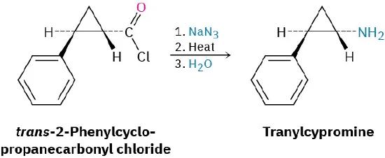 trans-2-Phenylcyclopropanecarbonyl chloride reacts with sodium azide, then heat, and finally with water to form tranylcypromine.