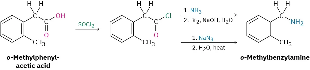 o-Methylphenylacetic acid reacts with thionyl chloride to form an intermediate. This reacts with ammonia, then bromine, sodium hydroxide and water or sodium azide, then water and heat to form o-methylbenzylamine.