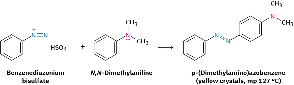 Benzenediazonium sulfate reacts with N,N-dimethylaniline to form p-(dimethylamino)azobenzene, yellow crystals with a melting point of 127 degree Celsius.