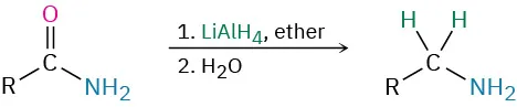 An amide reacts with lithium aluminum hydride in ether, then water to form an amine.