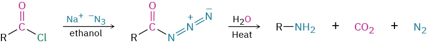 An acyl chloride reacts with sodium azide and ethanol to form an intermediate. This reacts with water in the presence of heat to form an amine, carbon dioxide, and nitrogen.