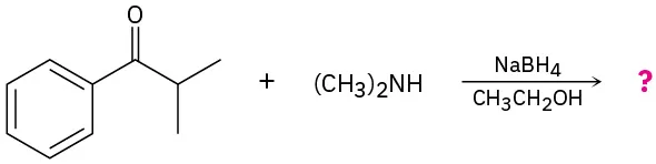 2-Methyl-1-phenylpropan-1-one reacts with dimethylamine in the presence of sodium borohydride and ethanol to form an unknown product represented by a question mark.