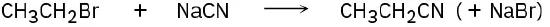 Ethyl bromide reacts with sodium cyanide to form ethyl cyanide and sodium bromide.