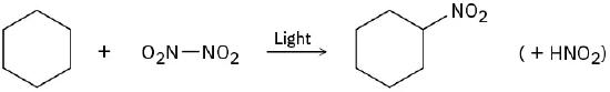 Cyclohexane reacts with nitro group bonded to another nitro group in the presence of light to form nitrocyclohexane  and nitrous acid.