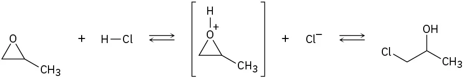 A 2-step reaction shows propylene oxide reacting with hydrogen chloride via a protonated oxirane intermediate. The product is 3-chloroisopropanol.