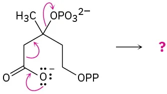 Five-carbon chain with carboxylate at C1, methyl and phosphate at C3, and pyrophosphate at C5 reacts forms unknown product(s). Arrows show electron flow from carboxylate toward phosphate (leaving group).