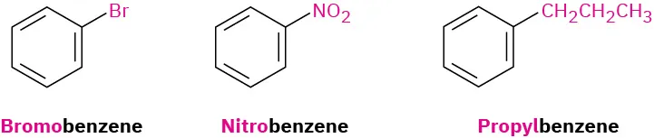 The structures of bromobenzene, nitrobenzene, and propylbenzene.