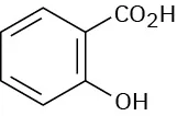 The structure has a benzene ring. C 1 is bonded to a carboxylic acid group. C 2 is bonded to a hydroxyl group.