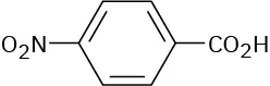 The structure has a benzene ring. C 1 is bonded to a carboxylic acid group. C 4 is bonded to a nitro group.