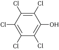 The structure has a phenol ring. C 2 to C 6, each carbon is bonded to a chlorine atom.