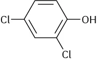 The structure has a benzene ring. C 1 is bonded to a hydroxyl group. C 2 and C 4 are each bonded to a chlorine atom.