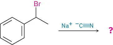 An incomplete reaction of 1-bromo-1-phenylethane with sodium cyanide yields an unknown product, depicted by a question mark.