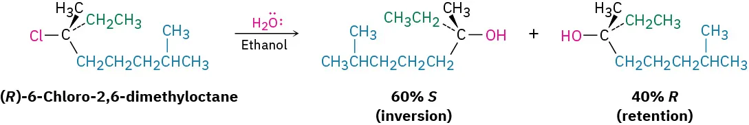 A reaction of (R)-6-chloro-2,6-dimethyloctane with water and ethanol, forms two products with 60% S (inversion) and 40% R (retention), respectively.