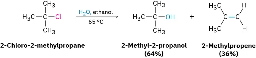 A reaction of 2-chloro-2-methylpropane in the presence of water and ethanol at 65 degrees Celsius, yields 2-methyl-2-propanol (64%) and 2-methylpropene (36%).