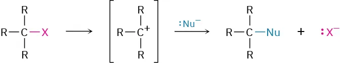 The S N 1 reaction of tertiary halide forms a carbocation intermediate, which further reacts with a nucleophile to yield a halide ion and a substitution product.