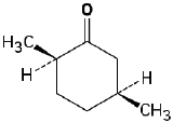 Cyclohexane ring in which one carbon has methyl (wedge) and H (dash) substituents, adjacent (clockwise) carbon has oxo, and two carbons further clockwise has methyl (wedge) and H (dash) groups.