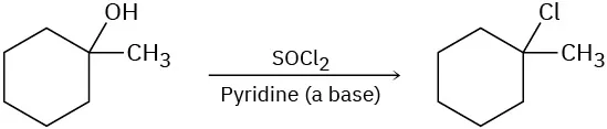 The reaction of 1-methylcyclohexanol with thionyl chloride and pyridine (a base) yields 1-chloro-1-methylcyclohexane.