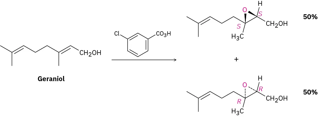 Geraniol reacts with m-chloroperoxybenzoic acid to form 50 percent of (2 S, 3 S) and (2 R, 3 R) epoxides.